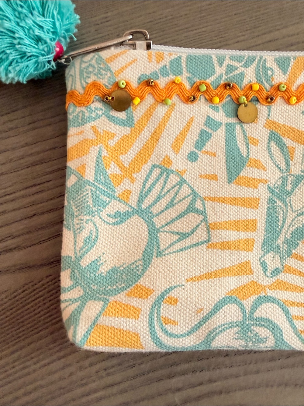 OP Turquoise & Yellow Pom-Pom Zip Pouch